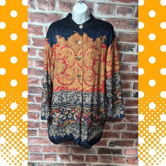 Vintage 80s Carole Little Tapestry Blazer 14 Black Gold Mandarin Collar USA - Picture 1 of 9